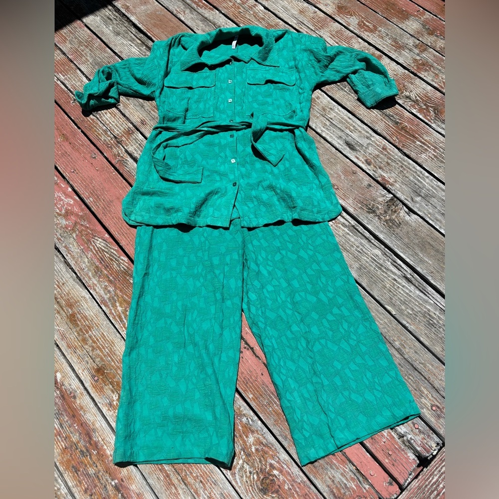 Rachel Pally Teal Textured Shirt and Pants Set